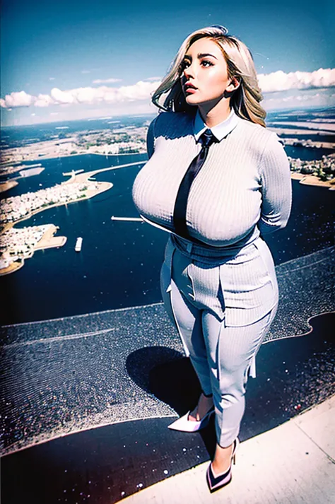 sophisticated and stylish bbw giantess in a form fitting light grey pinstriped trouser suit, white shirt, and a large wide crims...