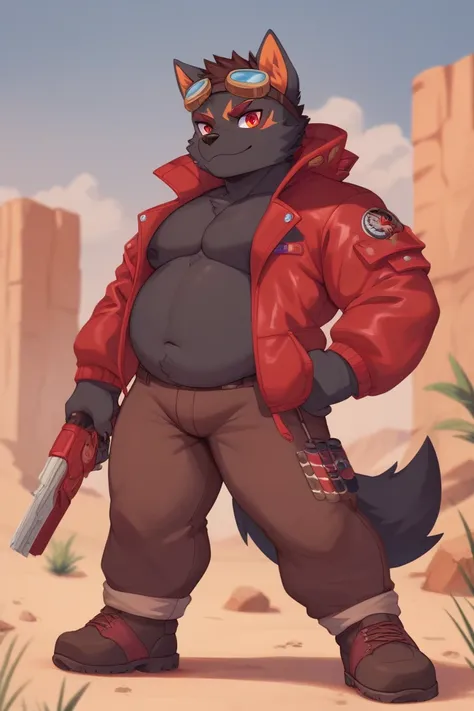 A male masculine chubby and muscular wolf with all black fur with red eyes, orange ear fluff,  red inner ears, wearing a open red edgy jacket, brown edgy pants with rips in them, red leather, studied boots, goggles on head, in a desert  High Resolution, go...