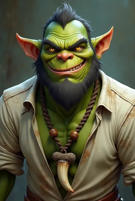 Ork of 20 years. Green skin, yellow eyes, no hair, no beard.  Dirty white shirt. necklace with an ork tooth. looks nice and gentle. smile