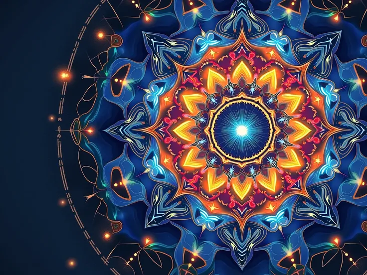 a mandala with predominant vibrant colors blue and orange