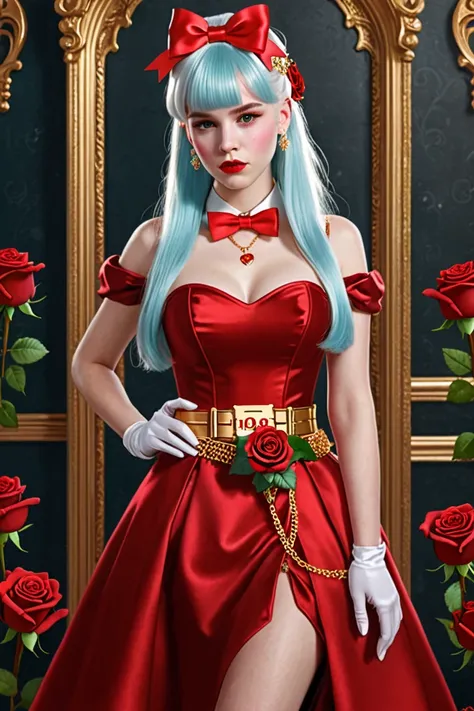 A beautiful girl, her skin color is pale or white and her eyes are light blue, she has white hair with a lock of red hair in the bangs, as accessories some golden glasses with elegant decoration, a rose on her lips and a necklace with a rose 🌹 and a black ...