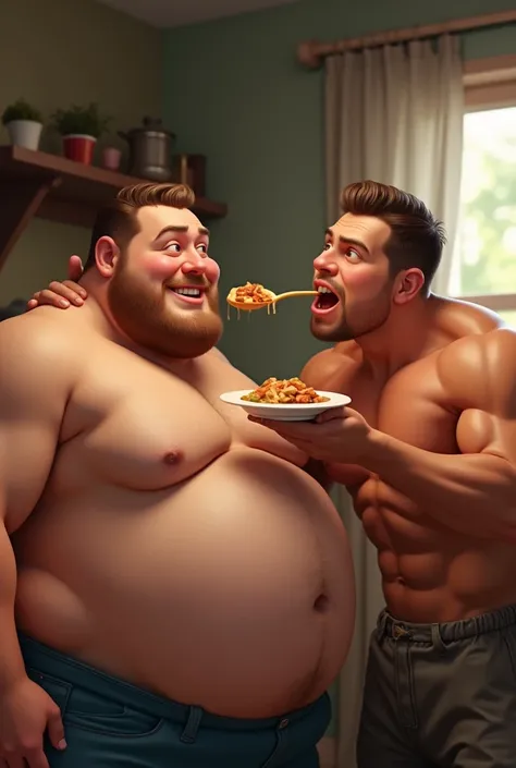 Create a chubby man being fed by another muscular man
