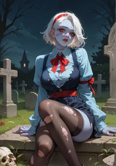 zombie girl, undead, light blue skin, body stitches, white hair, torn stockings, torn up clothes, red ribbons, sitting on a grave, cemetery, night time,