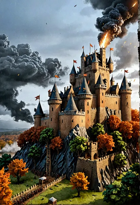 "A brutal medieval siege takes place under a stormy night sky, with the castle towering over the dark forest below. Flaming arrows rain down from the battlements, illuminating the smoky battlefield. Soldiers in battle-worn armor climb siege ladders to stor...