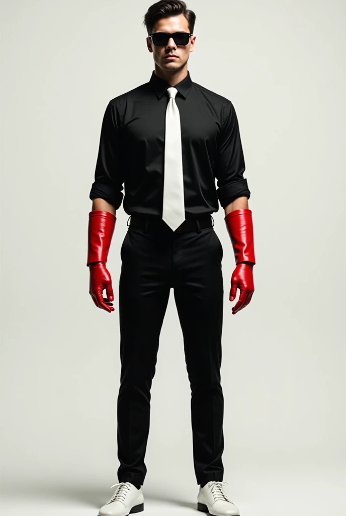 Formal man dressed in black shirt with white tie, white shoes, polarized glasses, full body and red gloves with red elbow length sleeves