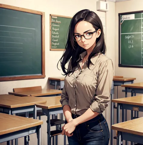  A smooth-haired teacher ,  black glasses and a striking forehead is standing in front of the blackboard, writing with chalk .  She wears a beige shirt and blue jeans ,  conveying a simple and professional style .  The classroom is organized ,  with wallet...