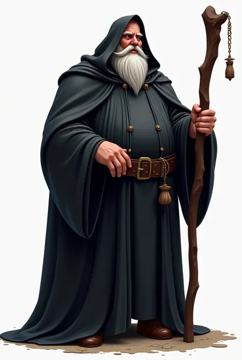 Create a detailed character design of a wizard for a video game. The wizard is slightly overweight, wearing a completly black hooded robe. He is holding a staff made of dark wood. The character should have a mysterious and imposing aura. Provide the image ...