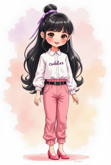  Cute watercolor doll  .  Long black hair with a ribbon tie in lilac hair .   With a white blouse written cuddles and with pink pants with black belt . Pink heel shoe 