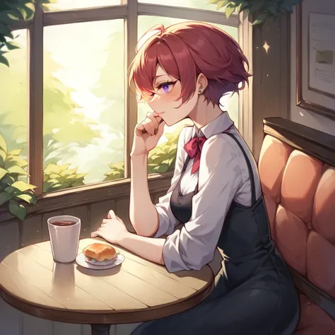 a woman in her 40s with short red hair and purple eyes. she is sitting in a cafe. she has on a black dress and has a sadistic look on her face. she is also blushing.