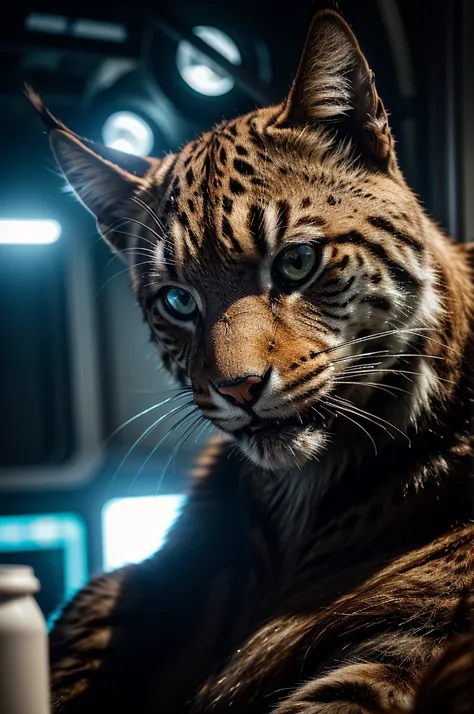 a close-up portrait of a big cat, futuristic sci-fi environment, the lynx is eating a pizza and drinking coca-cola, cinematic composition, vibrant colors, hyper-detailed, photorealistic, 8k, masterpiece, detailed fur, intense eyes, sharp teeth, detailed fa...