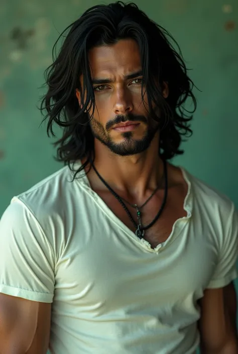  Sexy man with brown eyes and long black hair with green shadows,  with pleasant and delicate facial features ,  Dressed in a torn white t-shirt , Rocker , beard 