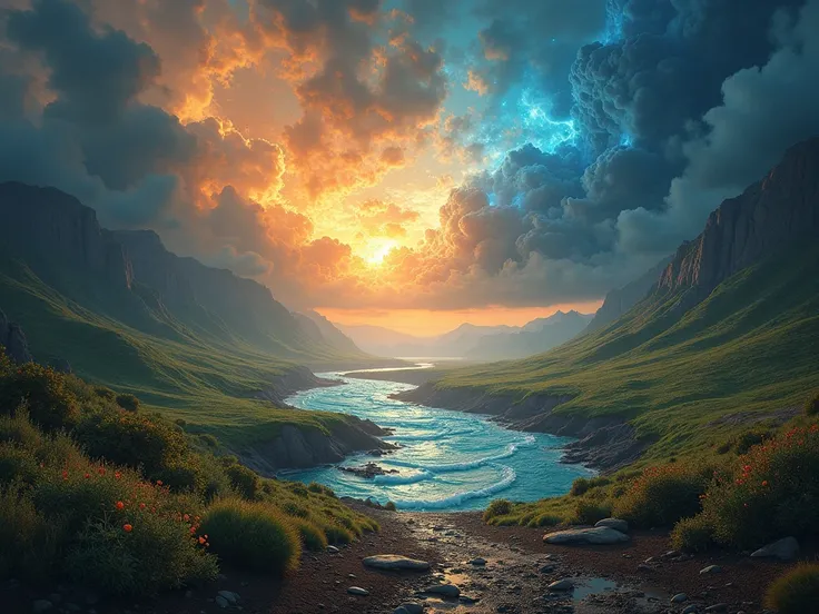 "A majestic and divine scene where the elements of nature, like water, earth, wind, and fire, are waiting in anticipation for the Lords command. The landscape is filled with vibrant, untamed nature, as the sky darkens and the earth hums with energy. The at...