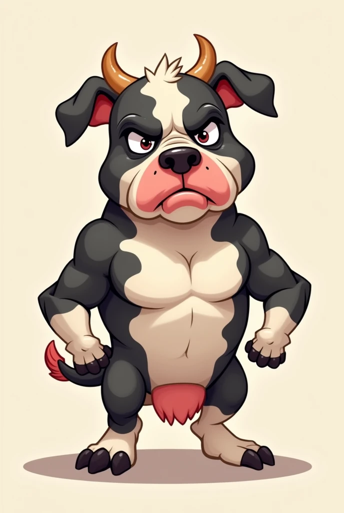 Fusion of a pitbul and a cow for animated logo standing looking straight ahead annoying face little angry face

