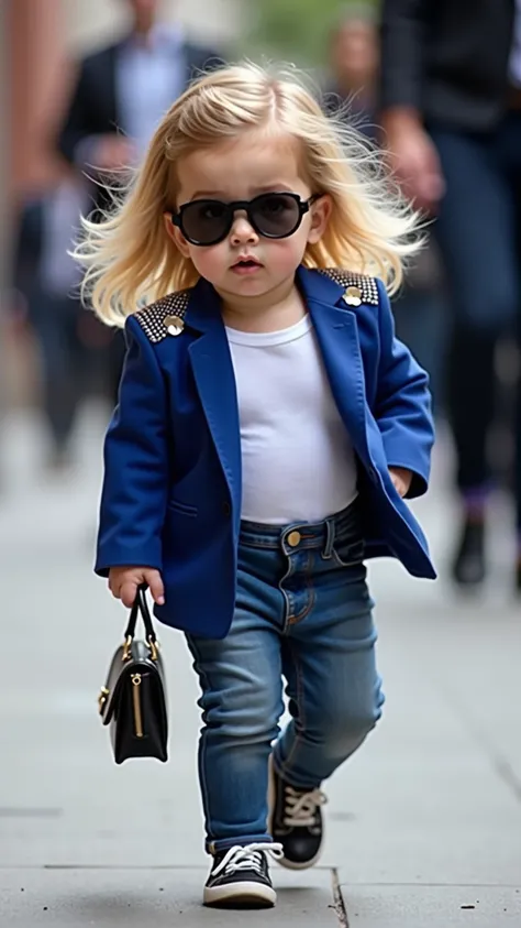 This little one is dressed to impress! The chubby baby girl is wearing a stylish blue blazer with embellishments on the shoulders, paired with a white top underneath. She’s carrying a small matching handbag and is rocking a pair of round sunglasses, giving...