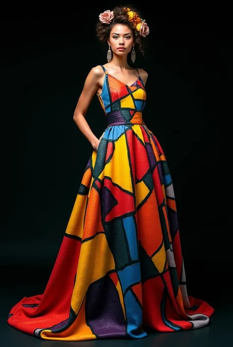 model in a gorgeous creative dress with matching cubist accessories inspired by the artistic style of Picasso paintings with a black background. Imagine a dress designed by Picasso if he were a fashion designer. 