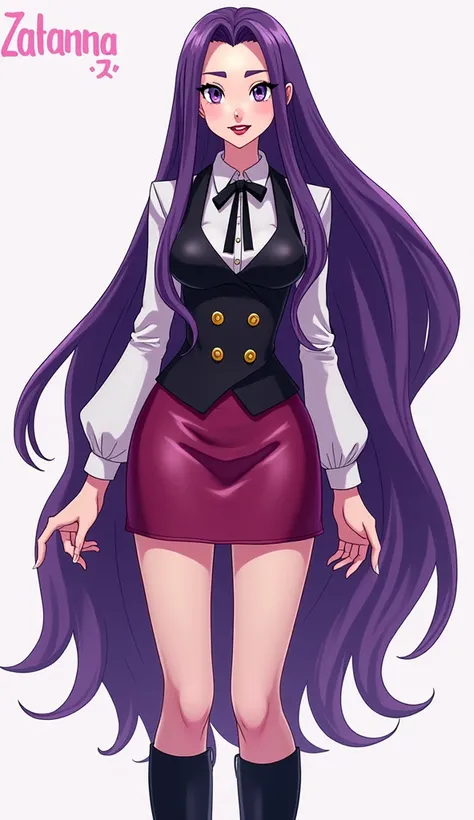 Zatanna from DC Super Hero Girls 2019, long purple hair, straight purple hair, sparkly purple hair, magical purple hair (Dark purple), Zatanna is a beautiful teenage girl with fair skin and a distinctive hourglass figure, thick light indigo hair that reach...