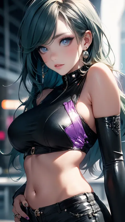 ((best quality,ultra-detailed,realistic)),HDR,UHD,studio lighting,1girl,professional,vivid colors,bokeh,portrait,green hair,light green hair,beautiful detailed purple eyes,very long hair,pale skin,curvaceous,concrete,shadow,dark atmosphere, black aviator o...