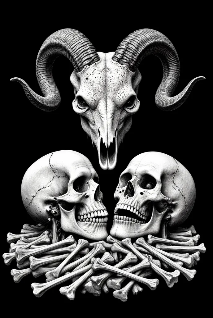 the image is a detailed black and white illustration featuring a goat skull with large, curved horns. and flanked by two human s...