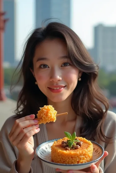  girl with dark brown hair, white skin, Typhée Maghrébine  (mangeant des tteokbokki à Séoul,  skyscraper behind ). Très detailed, visage innocent,  naturally wavy hair , blue eyes,  high resolution, masterpiece&#39;oeuvre d&#39;art,  best quality,  complex...