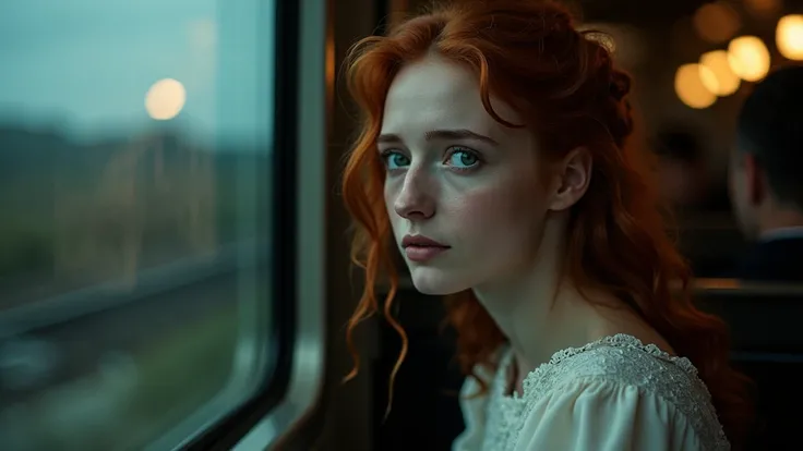 "A poignant shot of Rose DeWitt Bukater seated by the window of a moving train, her fiery red hair loosely framing her delicate, pale face. Her emerald green eyes are fixed on the passing landscape, filled with a blend of sadness and quiet determination. T...