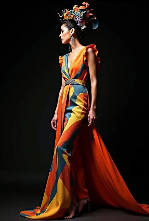 model in a gorgeous creative powerful outfit with matching cubist accessories inspired by the artistic style of Picasso paintings with a black background. Imagine a dress designed by Picasso if he were a fashion designer. 