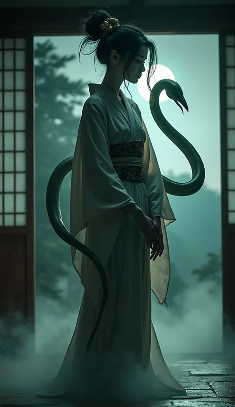 A mysterious Japanese Rokurokubi, a female spirit with a long, serpentine neck that stretches unnaturally. She has pale, ghostly skin, elegant black hair tied in a traditional style, and wears a flowing kimono with intricate patterns. Her neck coils and tw...