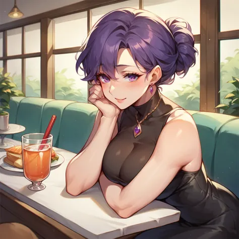 a MILF in her 40s with short red hair and purple eyes. she is sitting in a cafe. she has on a black dress and has a sadistic look on her face. she is also blushing.