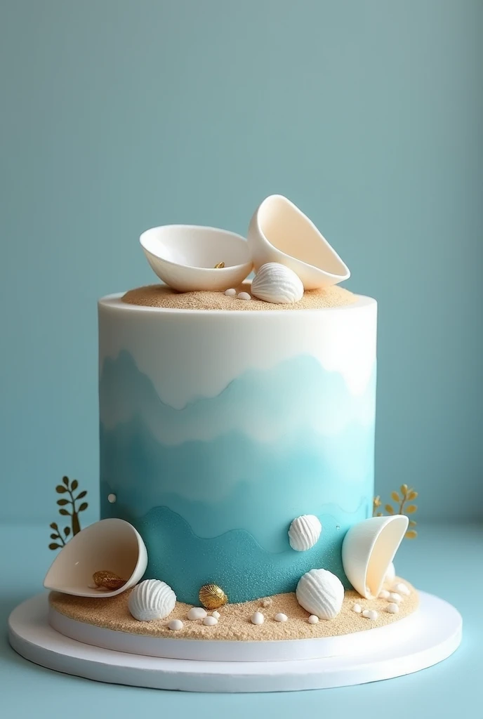   cake with minimalist seabed and seashells theme , Shades of blue and gold with white  