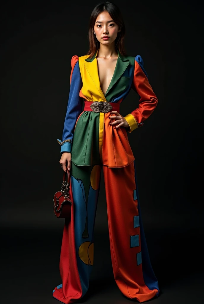 model in a gorgeous creative powerful pantsuit outfit with matching cubist accessories inspired by the artistic style of Picasso paintings with a black background. Imagine a dress designed by Picasso if he were a fashion designer. 