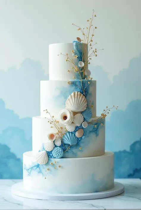   cake with minimalist seabed and seashells theme , shades of blue and gold with effeminate white 