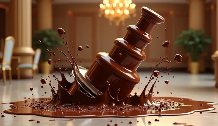 The chocolate fountain wobbles, tilts, and crashes to the floor with a splat!