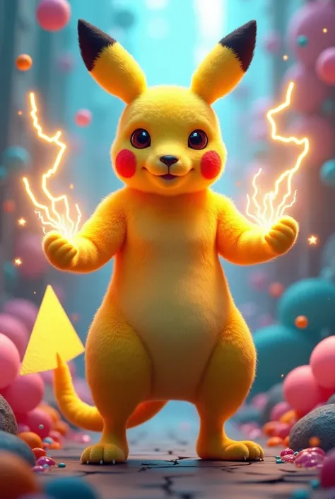 Adult kangaroo in a picachu costume hitting thunder with 3D TikTok background 