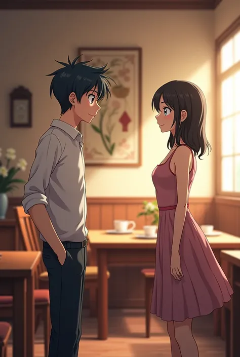 Anime image of a young man having a conversation with a woman standing in a dining room