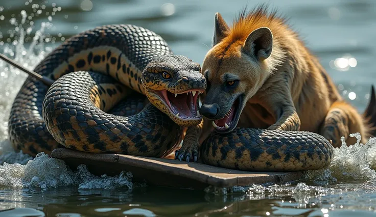 Create a python snake taking a sharp boat against a hyena. Can the snake hold the hyenas face .  the image was taken by a Canon DSLR camera