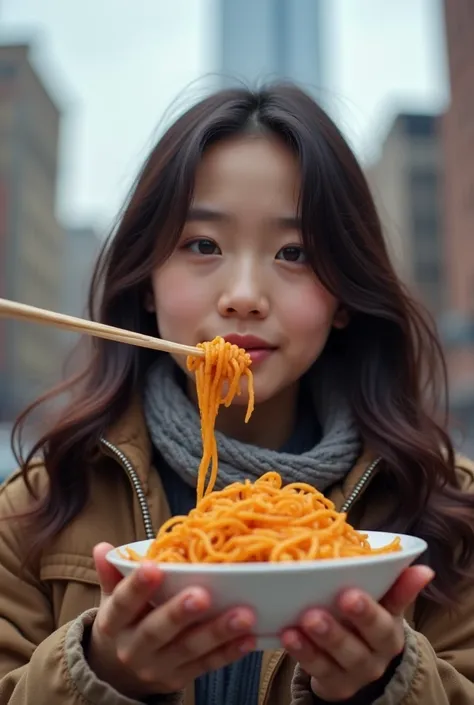  Arabian girl with dark brown hair, white skin, visage caucasien (mangeant des tteokbokki à New York ,  skyscraper behind ). Très detailed, visage innocent,  naturally wavy hair ,   high resolution, masterpiece&#39;oeuvre d&#39;art,  best quality,  complex...