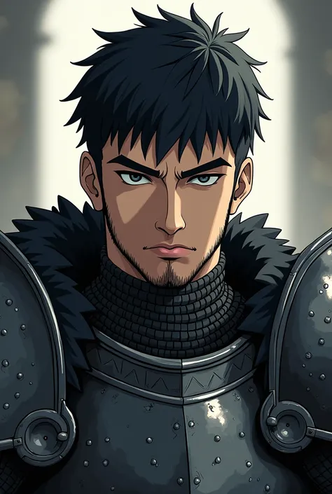 Knight with dark short hair and dark eyes, calm face with the "Berserk Armor" anime style profile picture, ::short hair, ::short beard, hq comic style, 