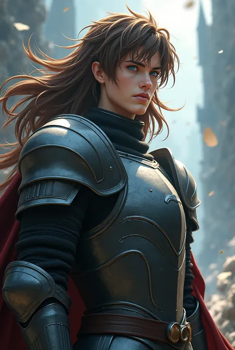 Knight with brown hair and blue eyes, calm face with the "Berserk Armor" anime style profile picture 