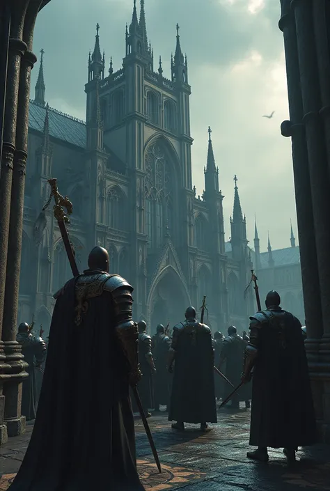 medieval fantasy world, dark moody atmosphere, heavily detailed metallic elements, ornate gothic architecture, mystical energy, dramatic lighting, dark cloudy sky, gloomy ambiance, intricate metal details, gothic cathedral, armored knights, medieval weapon...