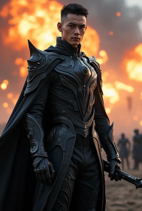 fantasy, sci-fi,  a man, 20 yo, clean face, wear black overlord outfit, ornate and maskulin designed, completed with high tech instrument, his face looking back to camera with arrogant expression. battlefield scene in background with massive exploding