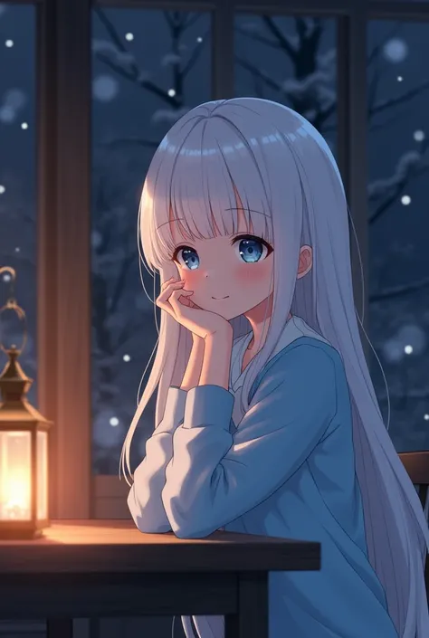 A beautiful adult girl with white hair in light blue clothes is sitting with her head in her hands on the table in the room while smiling faintly at the camera. Lantern lighting, winter night atmosphere, Anime style, camera angle from the side