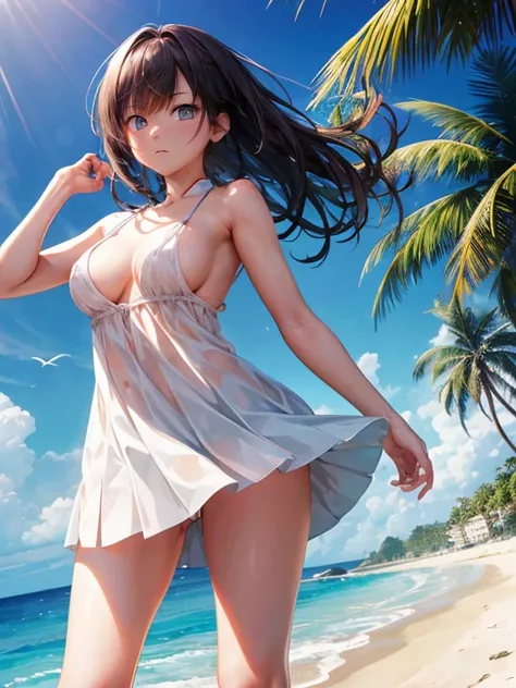 ((high quality)), (High resolution), ((Very detailed))、A neat and tidy high school girl with mature, messy hair, shes nude on the beach、Dancing with her legs spread apart、(Cute nipple shape)、(Hair messed up by the strong wind)、Neutral White Lighting,(Angle...