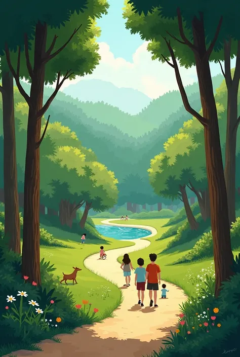 Give me from A park in a forest Illustration style  