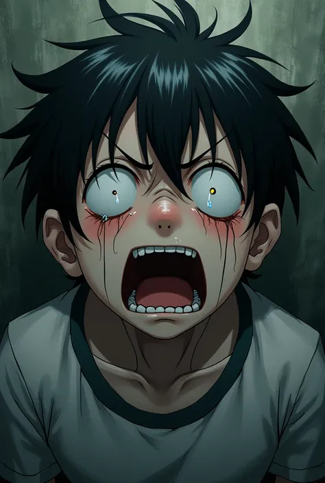  desperately crying boy , Open-mouthed ,  lots of tears pouring from his eyes, anime, Junji Ito style.