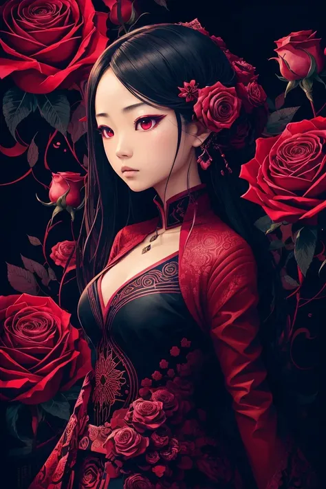 (abstract art:1.2), fractal art, psychedelic art, (style of Yuko Shimizu:1.1), red theme, dark theme, 1 asian girl, roses, hair ornament, somber expression, dark blue accent, masterpiece, best quality, ultra high res, award-winning art, highly detailed, be...