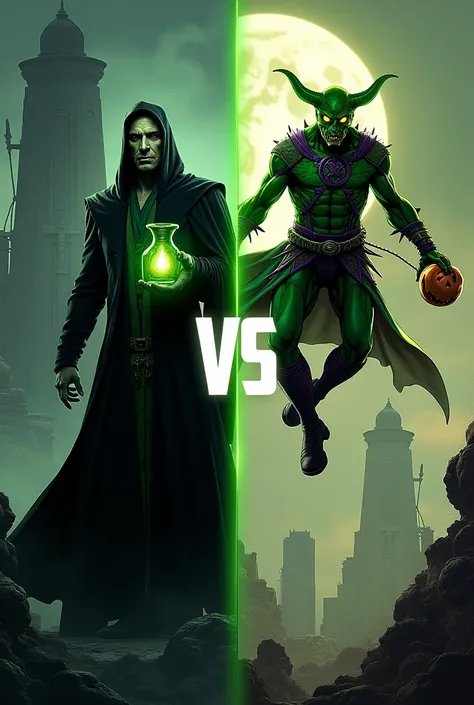 Digitally created image split vertically down the middle, featuring Ras al Ghul on the left and Green Goblin on the right.

On the left, Ras al Ghul stands in his signature black-and-green robes, holding a glowing Lazarus Pit vial. His cold, calculating ey...