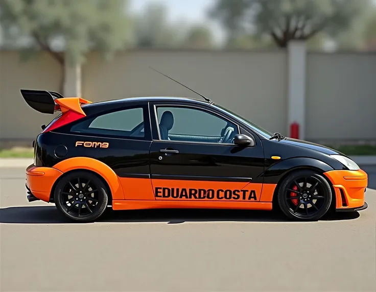  CREATE A FORD BRAND CAR MODEL FORD FOCUS YEAR 2001 IN A SIDE OR BACK POSITION WITH THE NAME EDUARDO COSTA STICKED ON THE SIDE OR BACK. THE CAR IN THE COLORS ORANGE AND BLACK ...  SHOWS THE ENTIRE CAR STICKED IN BLACK ON THE TOP AND ORANGE ON THE BOTTOM. 4...