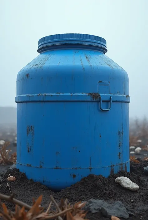 A large blue plastic that is non-recyclable and harms the environment..