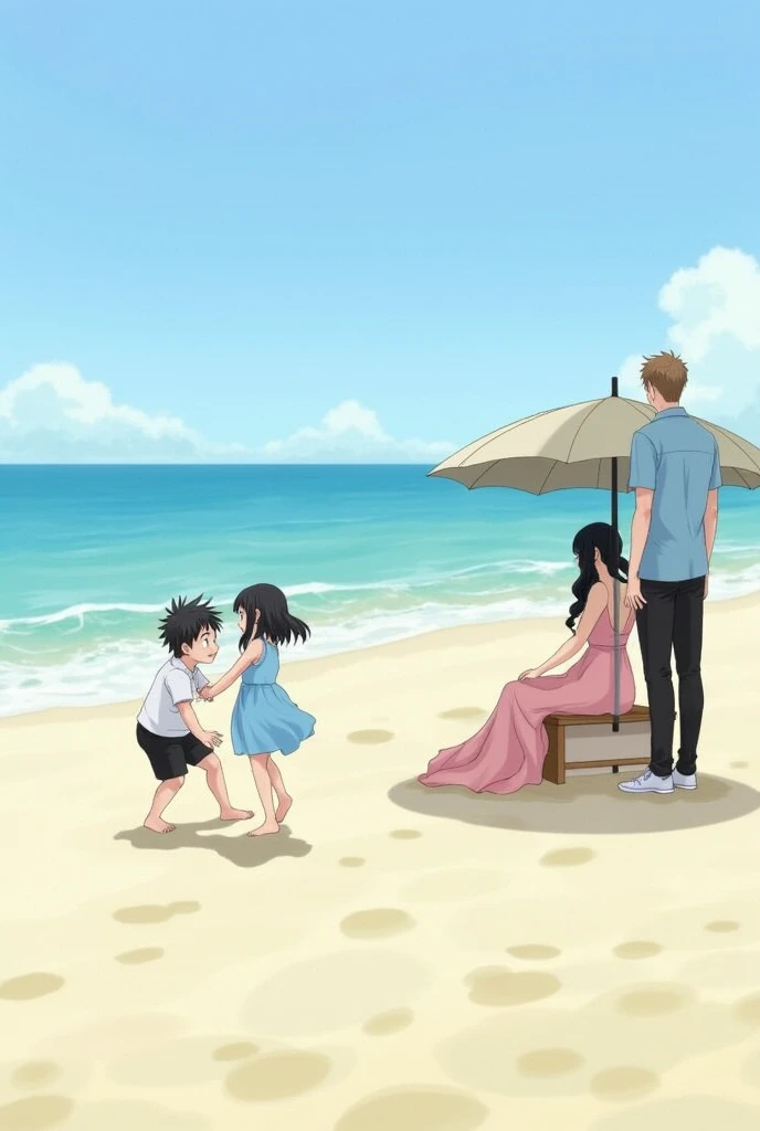 a boy in black shorts and a white polo shirt with black hair , A girl in a light blue dress and black hair play on the seashore and a man in black pants and a light blue polo shirt with a lady in a pink dress with long wavy black hair are leaving an umbrel...