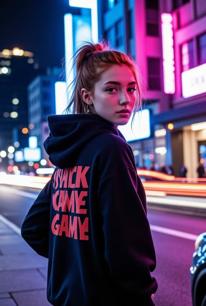 the image showcases a striking, neon-lit urban scene featuring a young woman named vanessa with red hair styled in a loose, high...