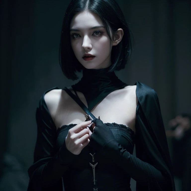 (High quality: 1.3), Cinematic shot , masterpiece, ( sharp focus : 1.5), ( realistic: 1.3), medium portrait of ( Beautiful Young Woman Vampire ,  pale skin , Gothic,  Still Proud and Ferocious ,  Straight Black Short Hair , Dark appearance,  Wears a very d...